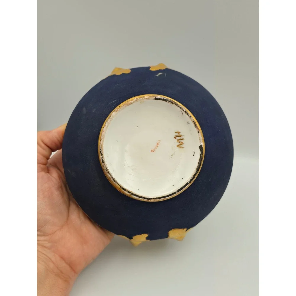 Bavaria Porcelain Floral Nut‎ Bowl Cobalt Blue Gold Gilded Vintage Excellent